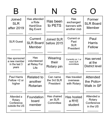 SLR Member BINGO Card