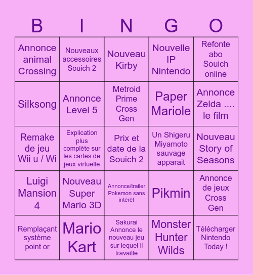 Nintendo Direct Souich 2 Bingo Card
