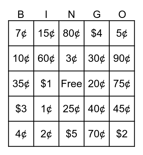 Coin Bingo Card