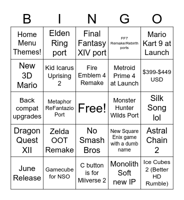 Nintendo Switch Bingo Card