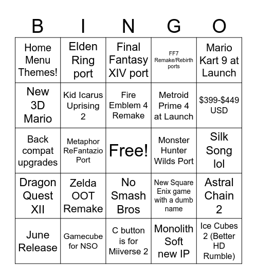 Nintendo Switch Bingo Card