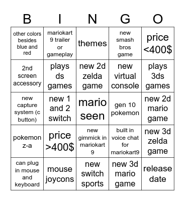 Nintendo Switch 2 direct Bingo Card