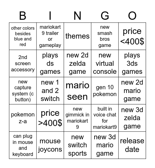 Nintendo Switch 2 direct Bingo Card