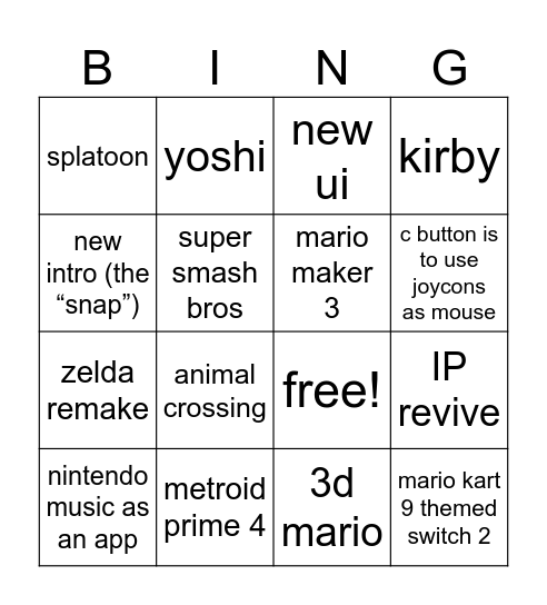 Nintendo switch 2 direct Bingo Card