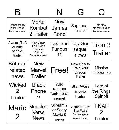 Cinemacon Bingo Card