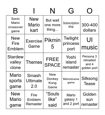 Nintendo Direct Bingo Card