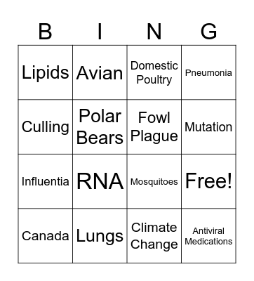 Avian Influenza Bingo Card