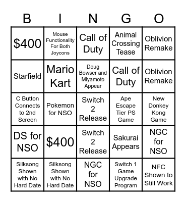 2025 Switch 2 Bingo Card Bingo Card