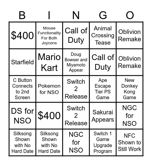 2025 Switch 2 Bingo Card Bingo Card