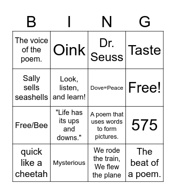 Poetry Bingo Card