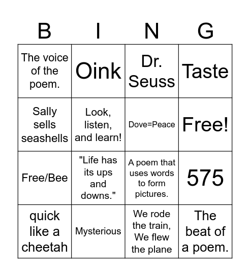 Poetry Bingo Card