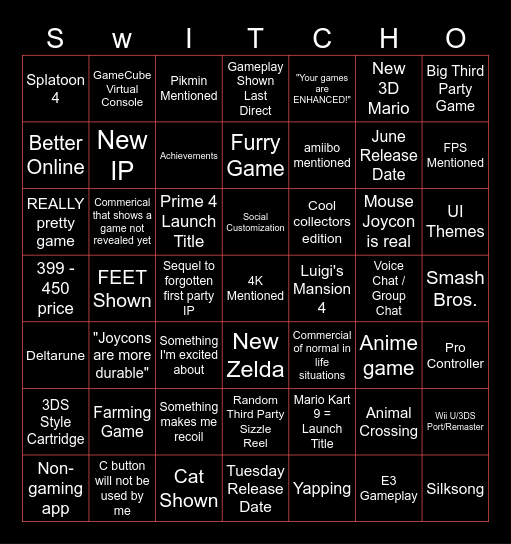 Switch 2 Bingo Card