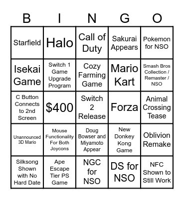 2025 Switch 2 Bingo Card Bingo Card