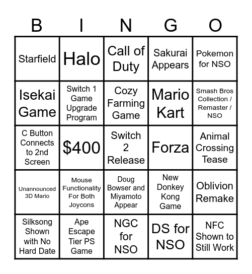 2025 Switch 2 Bingo Card Bingo Card