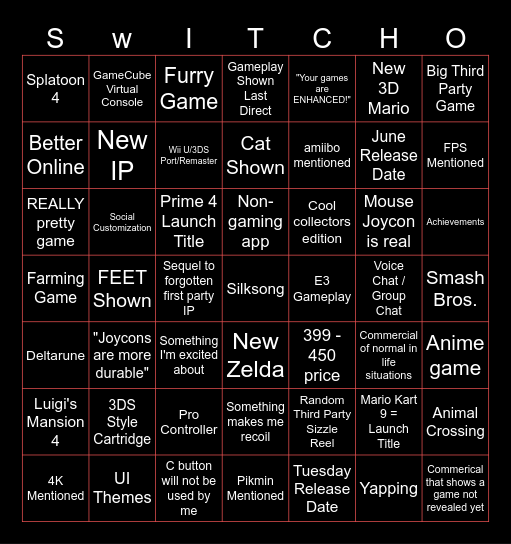 Switch 2 Bingo Card