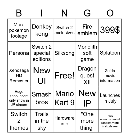 Swicth 2 direct bingo Card
