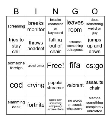 gamer rage Bingo Card