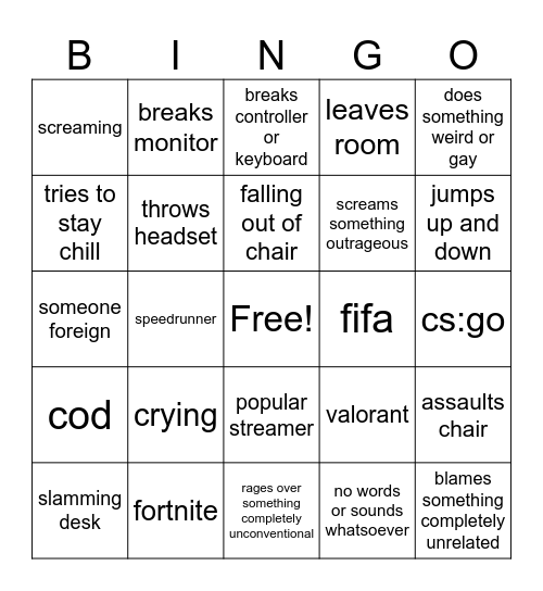 gamer rage Bingo Card