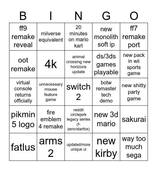 switch 2 direct Bingo Card