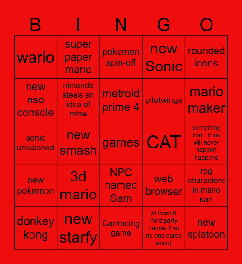Nintendo Switch 2 Direct Bingo Card