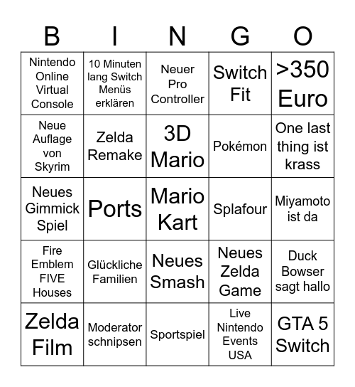 Nintendo Switch 2 Direct Bingo Card