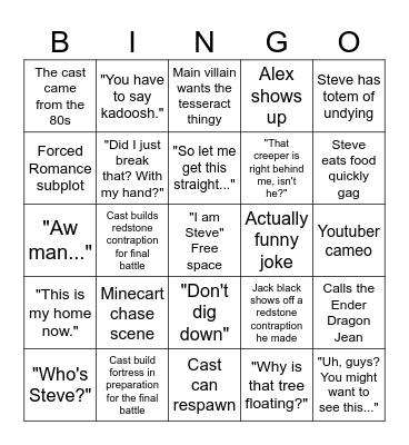 Minecraft Movie Bingo Card