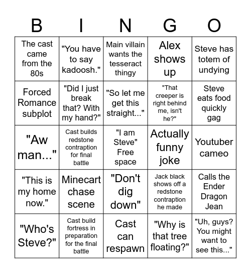 Minecraft Movie Bingo Card