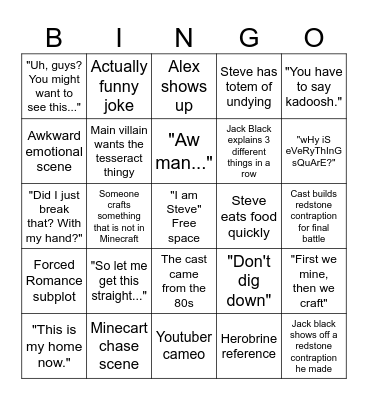 Minecraft Movie Bingo Card