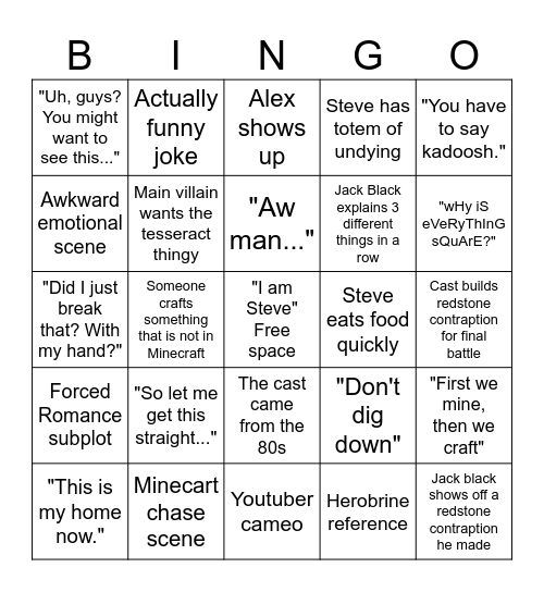 Minecraft Movie Bingo Card