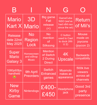 Nintendo Switch 2 Direct Bingo Card