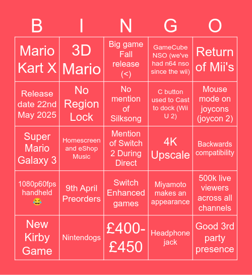 Nintendo Switch 2 Direct Bingo Card
