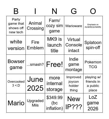Logan's Switch 2 Direct Bingo Card