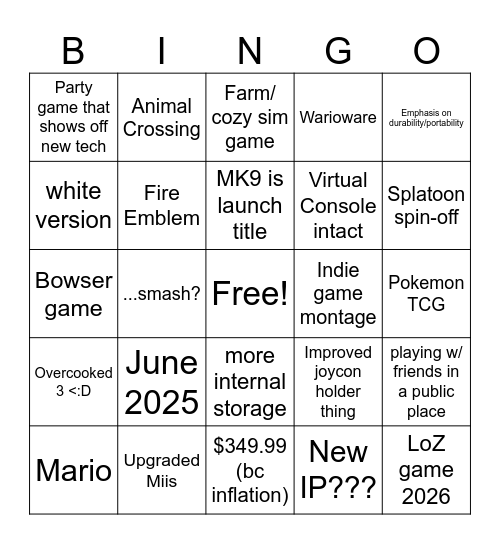 Logan's Switch 2 Direct Bingo Card