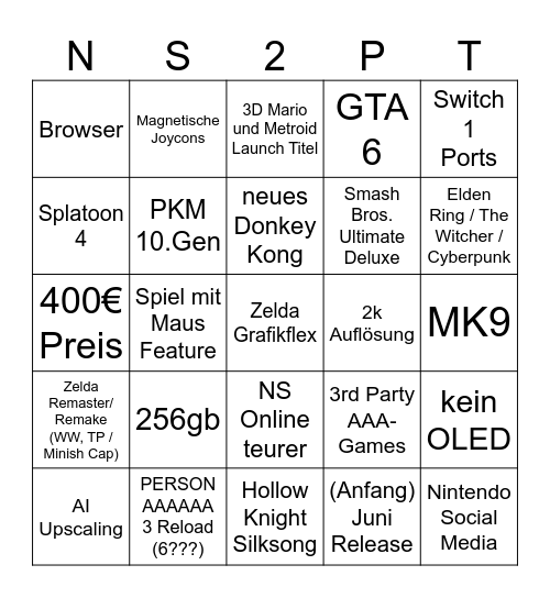 Nintendo Switch 2 Predictions Bingo Card