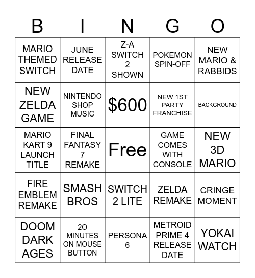 NINTENDO SWITCH 2 SHOWCASE Bingo Card