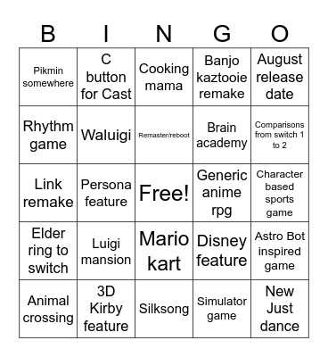 Nintendo Direct Bingo Card