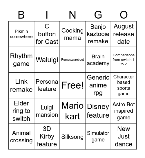 Nintendo Direct Bingo Card