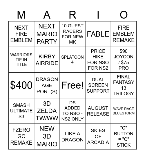 Alex's Switch 2 Predictions Bingo Card
