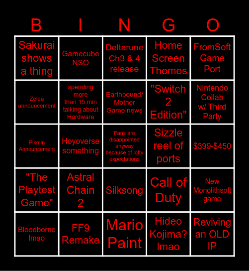 Switch 2 Bingo! Bingo Card