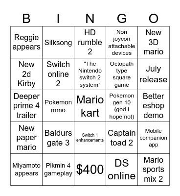 Switch 2 Direct Bingo Card