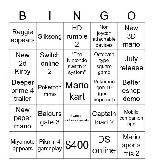 Switch 2 Direct Bingo Card