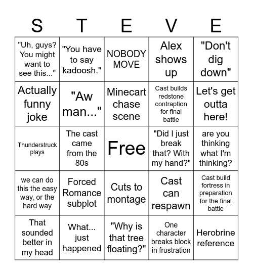 Minecraft Movie Bingo Card