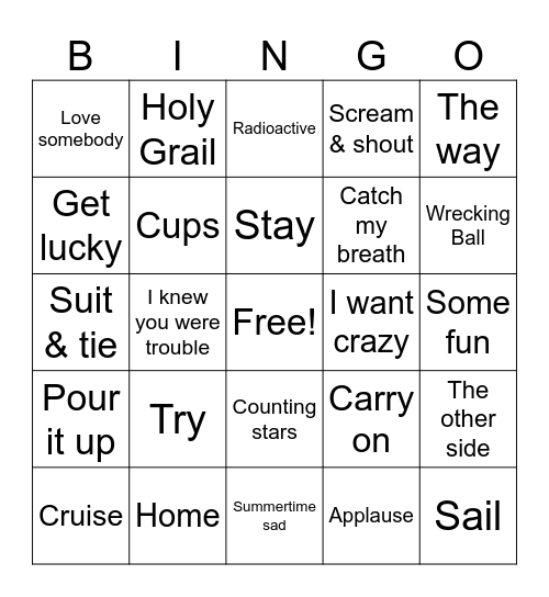 2013 Billboard Hits Bingo Card