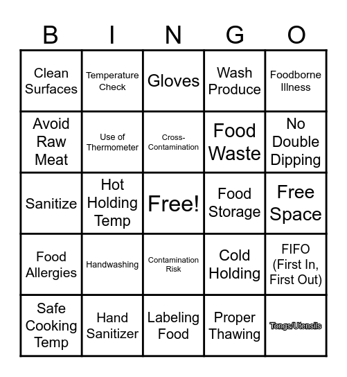 Food Handling Bingo Card