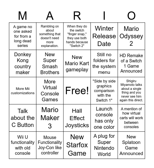 Switch 2 Bingo Card