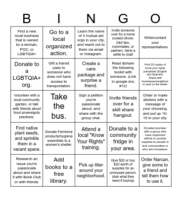 Mutual Aid Acts Bingo Card
