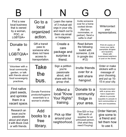 Mutual Aid Acts Bingo Card