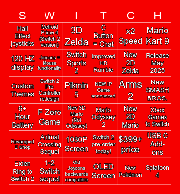 Nintendo Switch 2 Direct Bingo Card