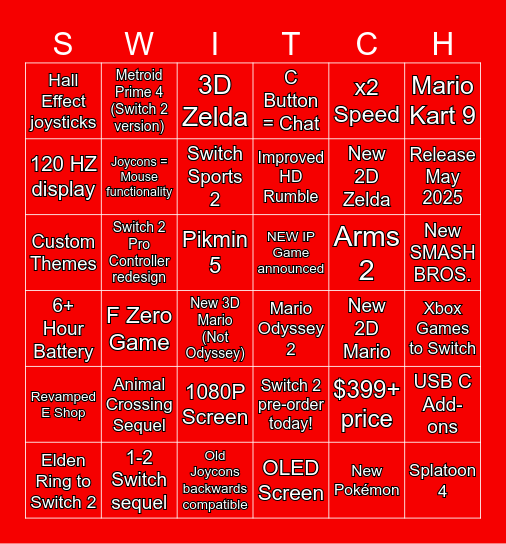 Nintendo Switch 2 Direct Bingo Card