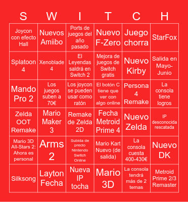 Nintendo Direct Switch 2 Bingo Card